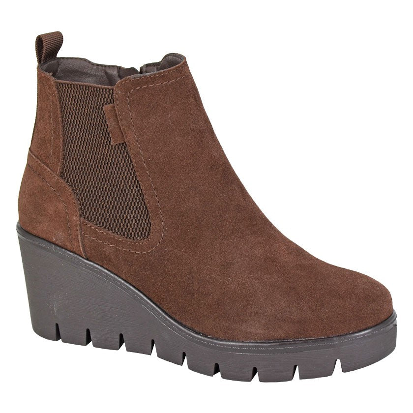 Amina Short Suede Leather Wedge Heel Boots Chocolate Brown - Sugarplum Boutique