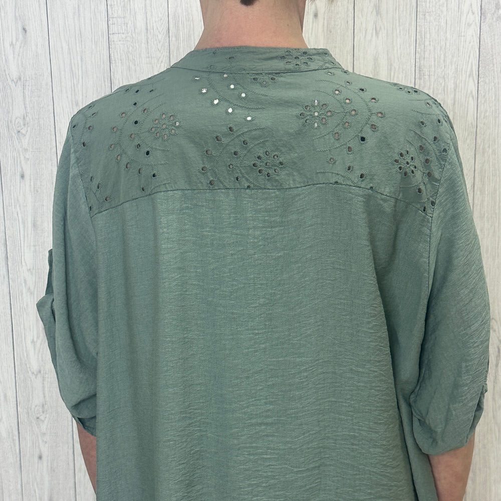 Angela Broderie Anglaise Back Grandad Top Khaki Green - Sugarplum Boutique