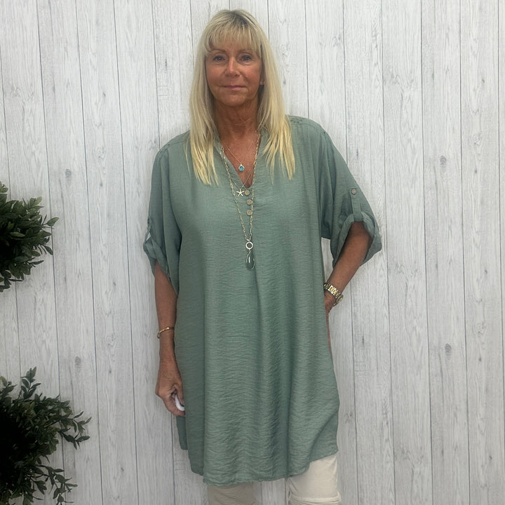 Angela Broderie Anglaise Back Grandad Top Khaki Green - Sugarplum Boutique