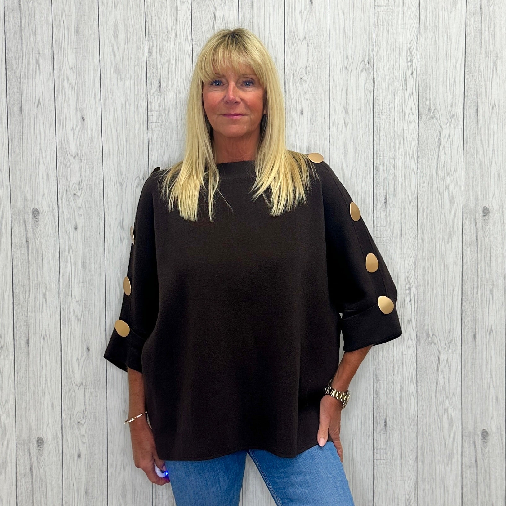 Bonnie Bronze Button 3/4 Sleeve Jumper Chocolate Brown - Sugarplum Boutique