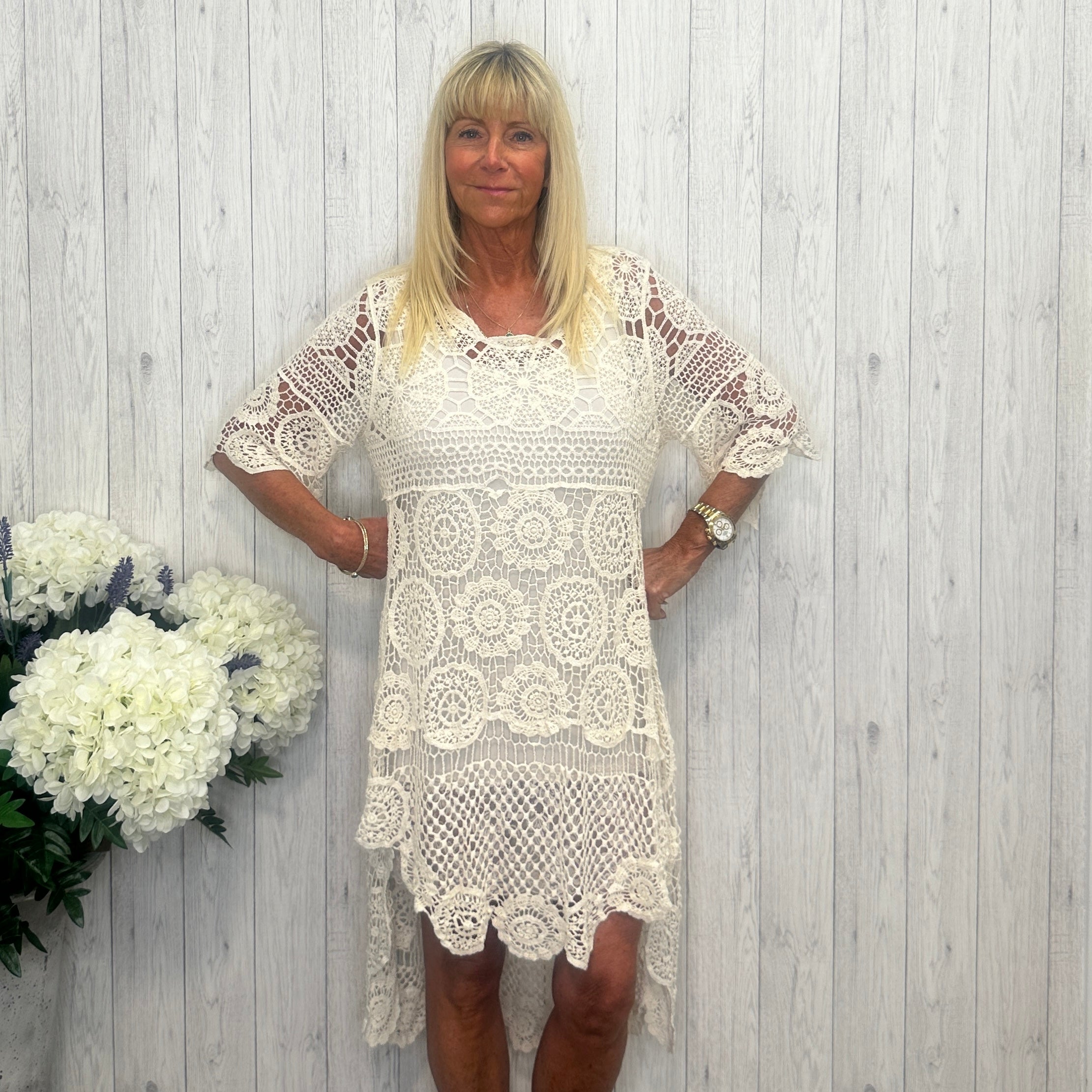 Cara Cotton Crochet High-Low Layering Dress Stone Sugarplum Boutique & Home Cara Cotton Crochet High-Low Layering Dress Stone Sugarplum Boutique & Home