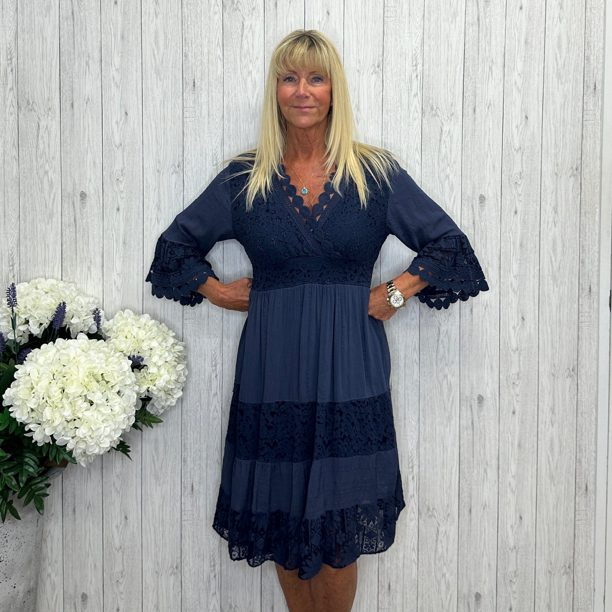 Constance Cotton Crochet Lace Midi Dress Navy Blue Sugarplum Boutique & Home Constance Cotton Crochet Lace Midi Dress Navy Blue Sugarplum Boutique & Home