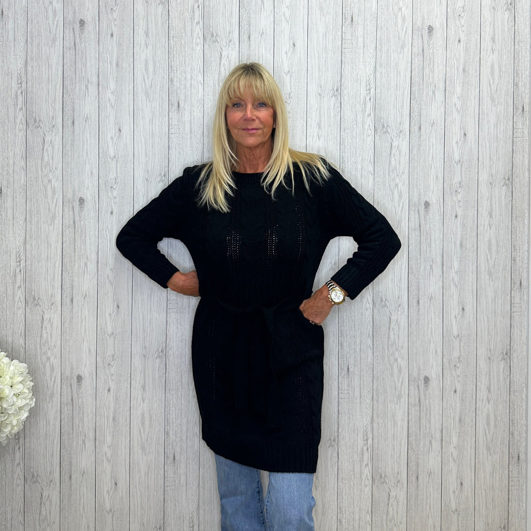 Coral Cable Knit Belted Jumper Dress Black - Sugarplum Boutique