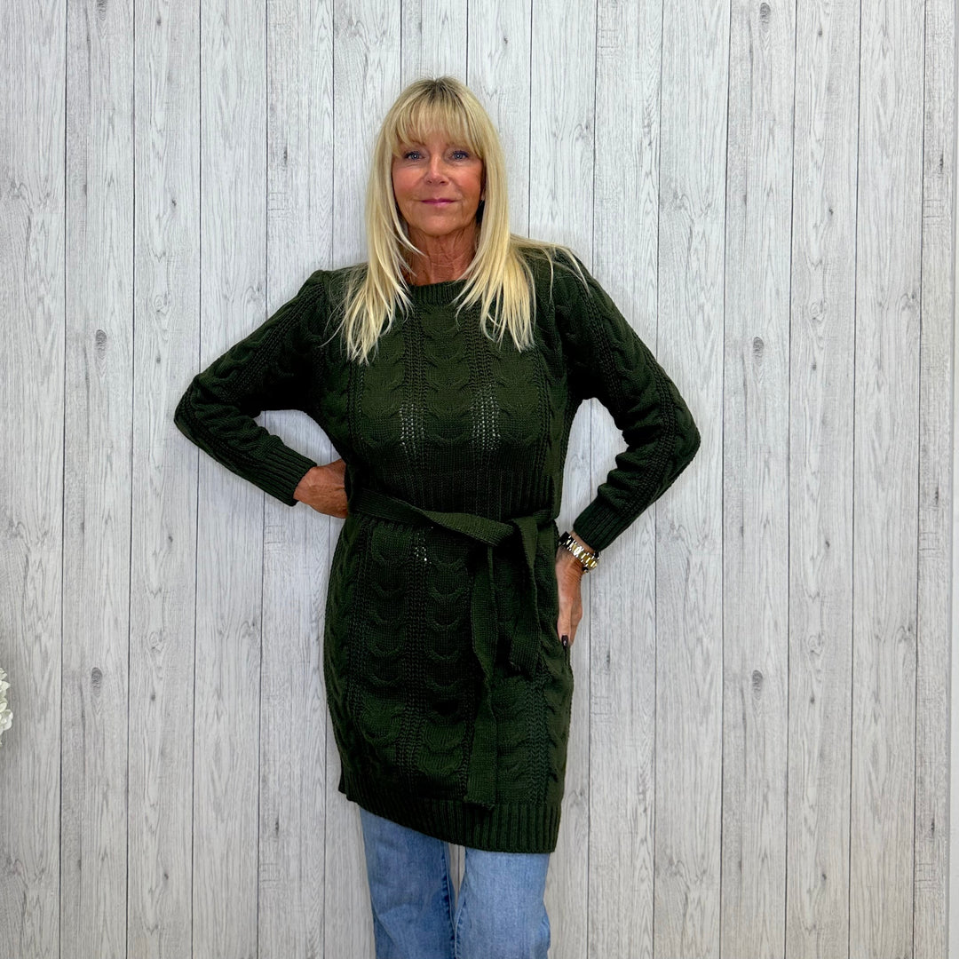 Coral Cable Knit Belted Jumper Dress Khaki Green - Sugarplum Boutique