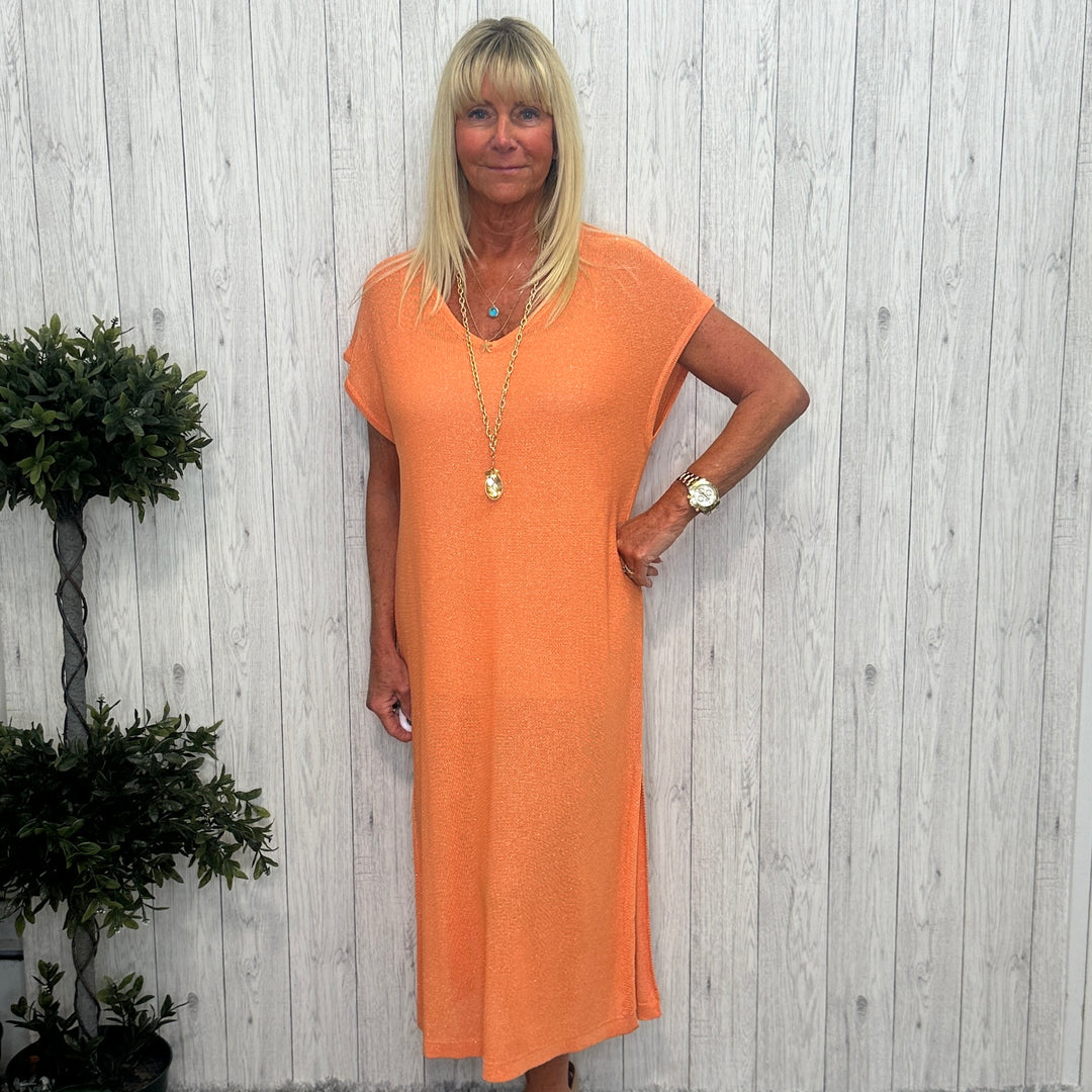 Dee Sleeveless Sparkle Knit Style Maxi Dress Coral - Sugarplum Boutique