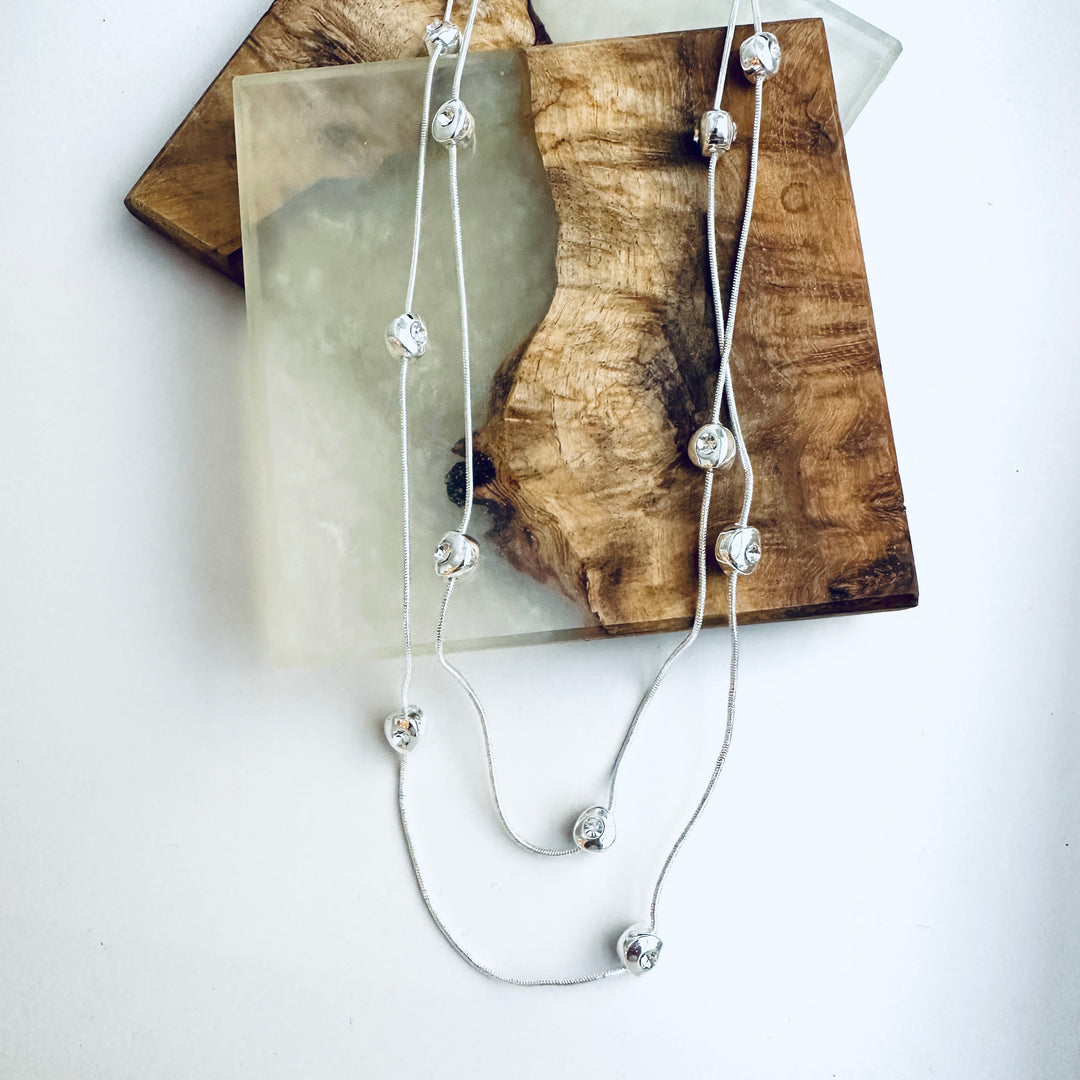 Dolly Diamante Double Strand Long Necklace Silver -Sugarplum Boutique