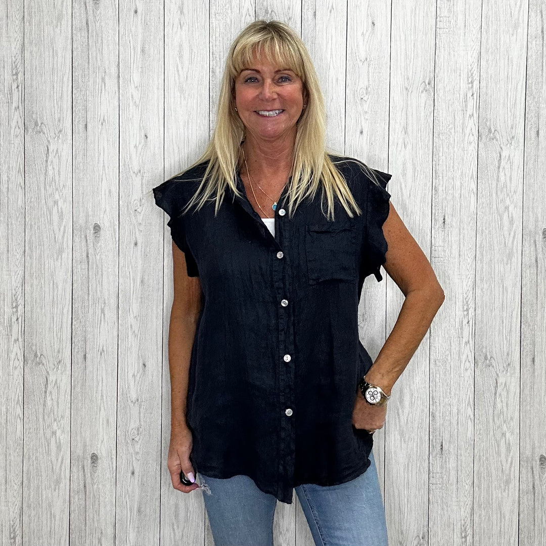 Fin Frill Linen Shirt Navy -  Sugarplum Boutique