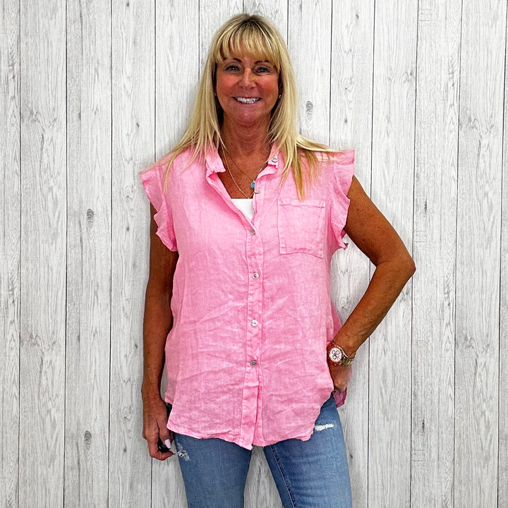 Fin Frill Linen Shirt Bubblegum pink  - Sugarplum Boutique