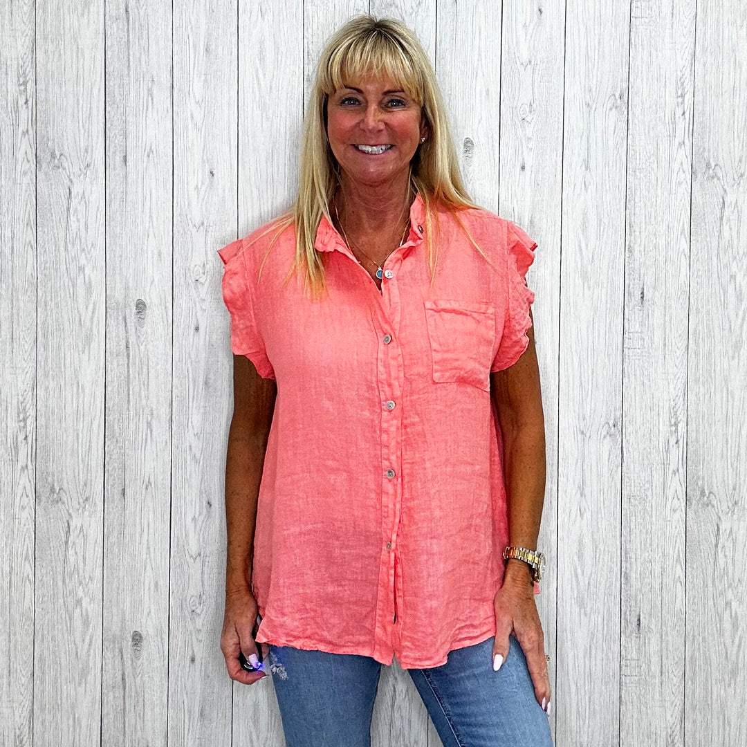 Fin Frill Linen Shirt Coral - Sugarplum Boutique