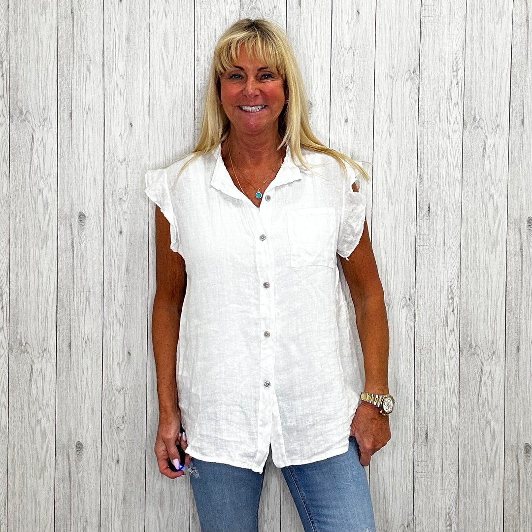 Fin Frill Linen Shirt White -Sugarplum Boutique