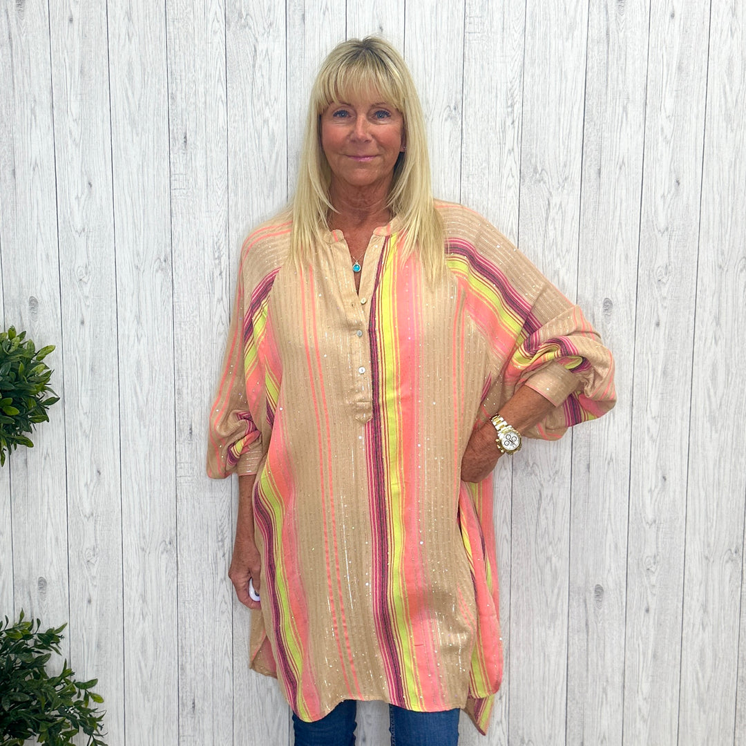 Jazz Relaxed Fit Sequin Long Grandad Shirt Dress Stone - Sugarplum Boutique