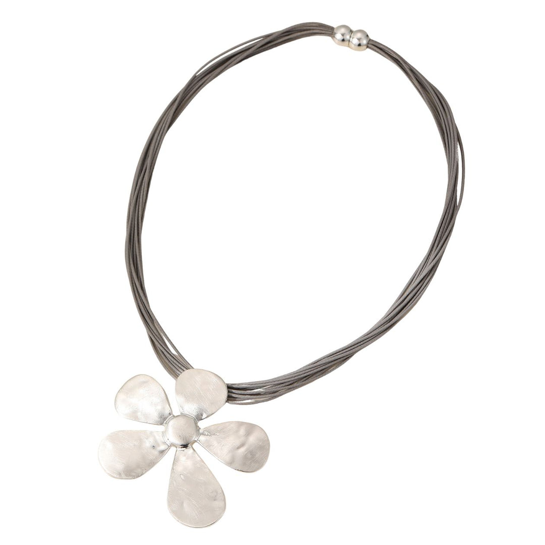 Large Flower Multi Strand Magnetic Short Necklace Silver - Sugarplum Boutique