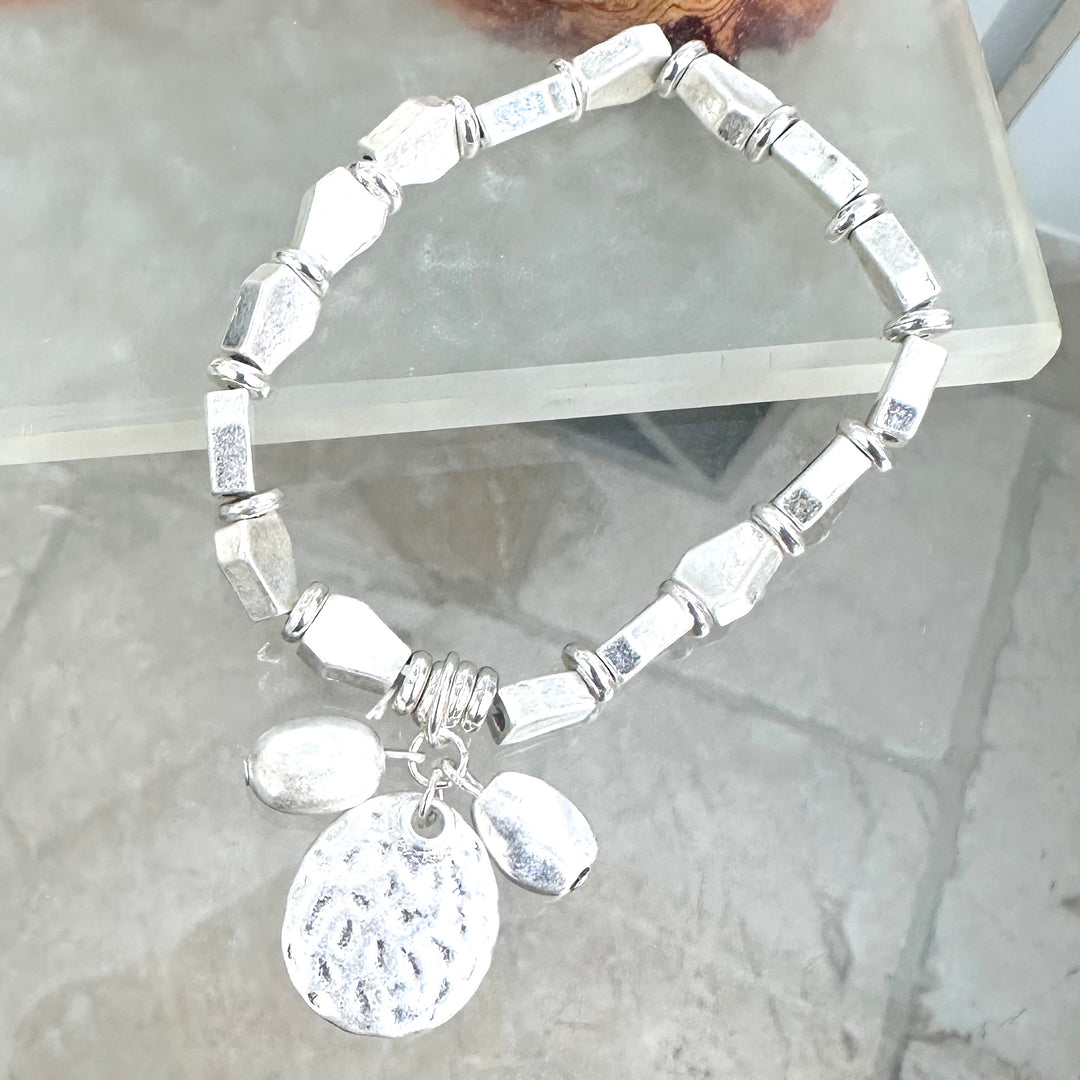Looby Pendant Drop Elasticated Bracelet Matt Beads Silver - Sugarplum Boutique
