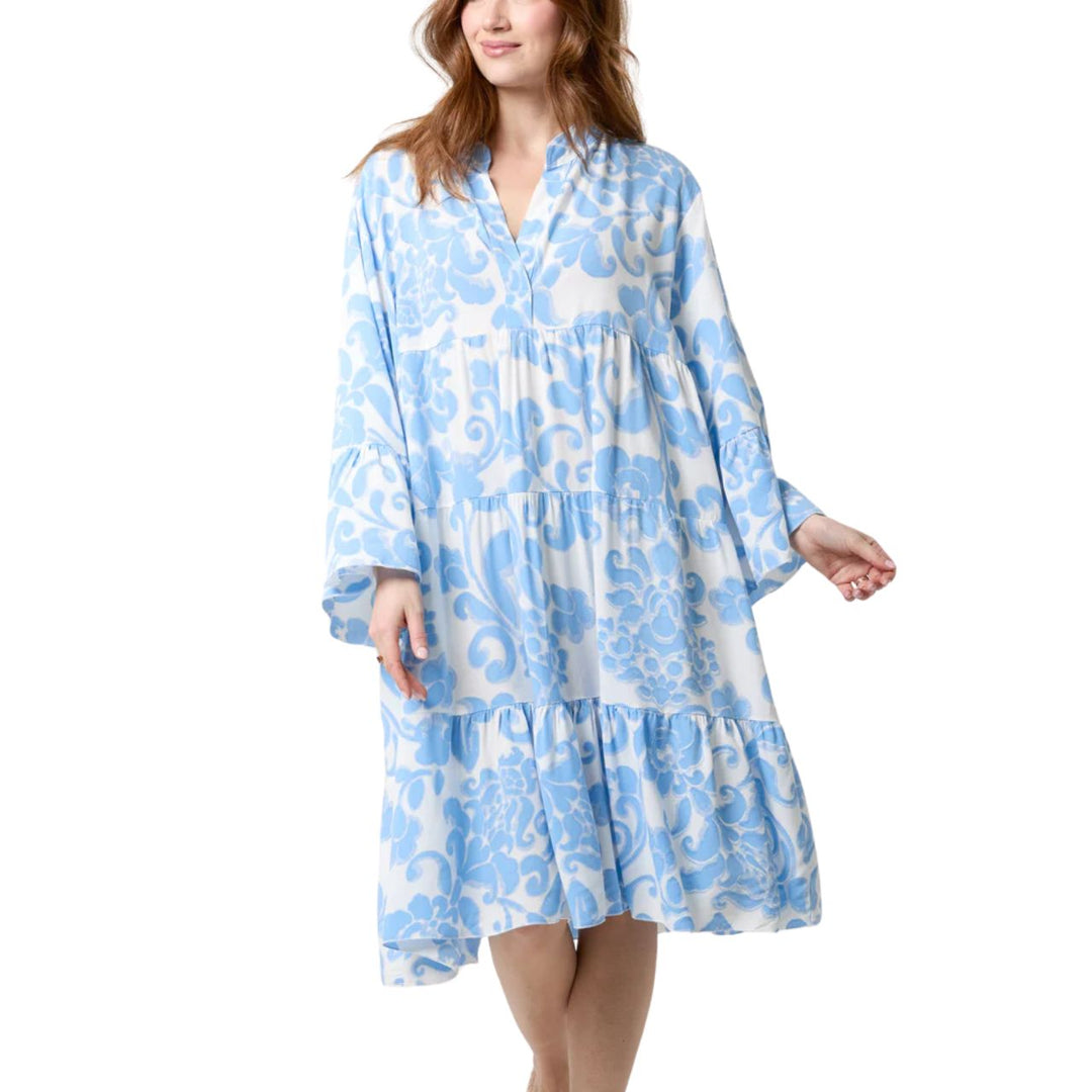 Lou Floral Print Tiered Midi Tunic Dress Light Blue - Sugarplum Boutique