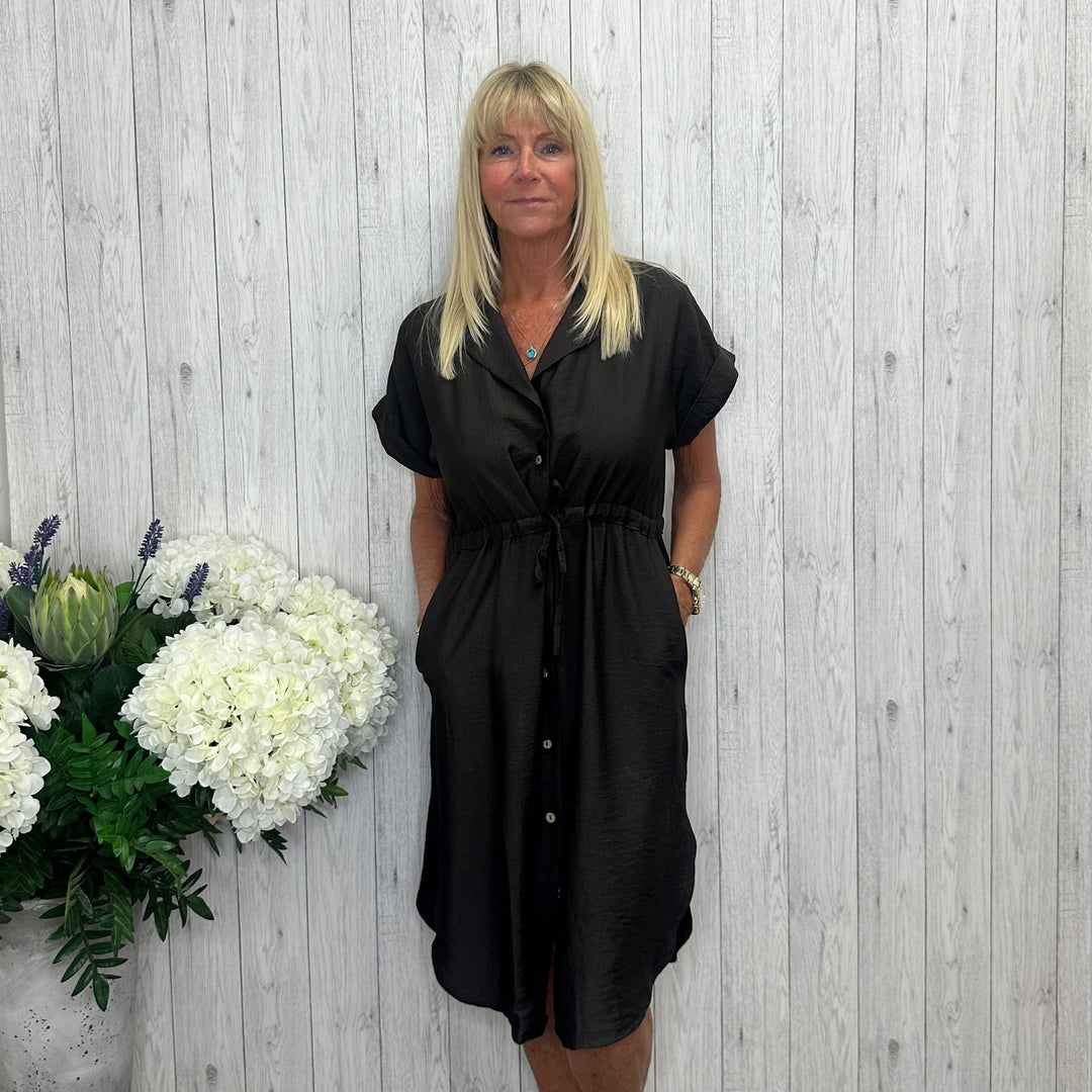 Lucy Shirt Style Short Sleeve Dress Chocolate Brown - Sugarplum Boutique