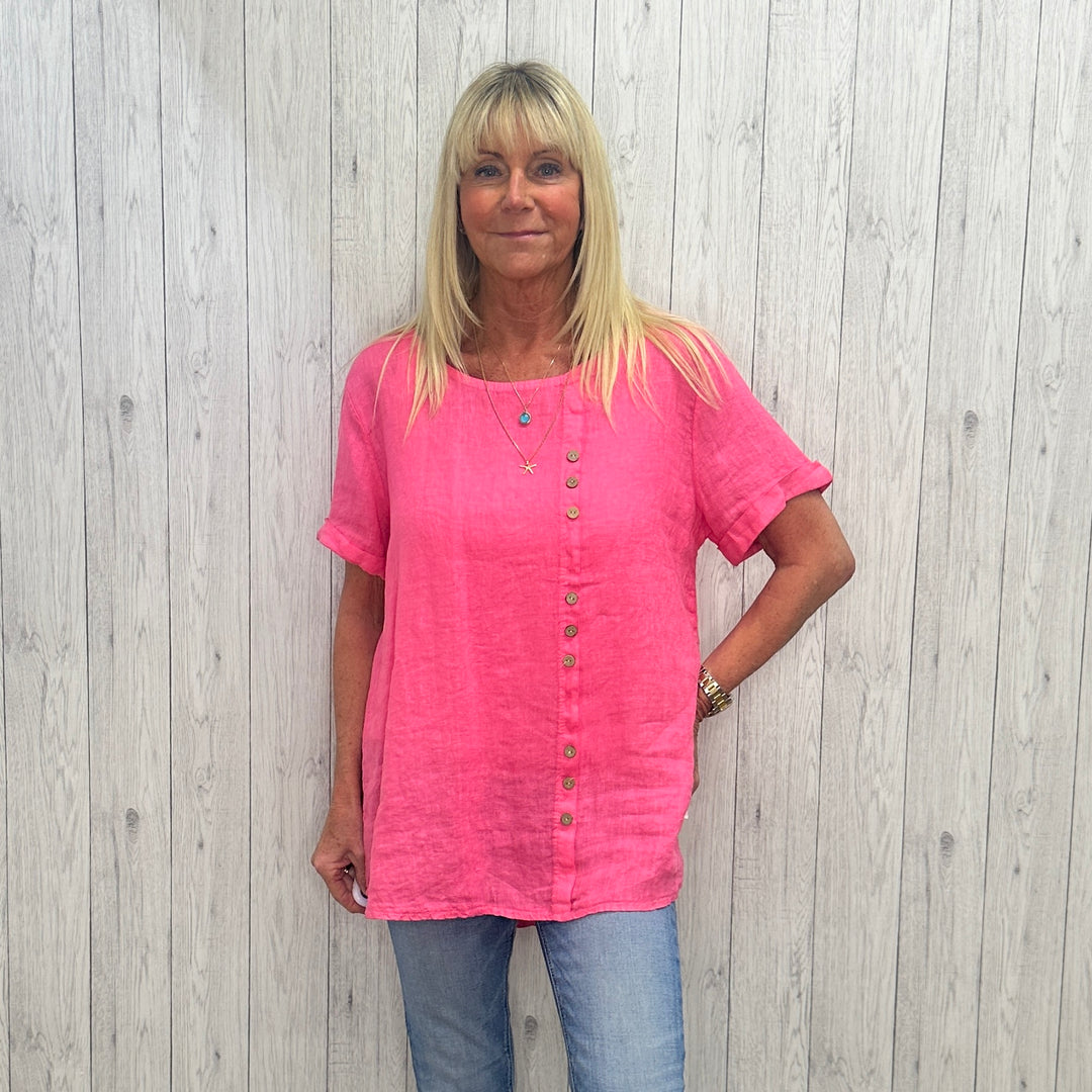 Made In Italy Ali Linen Button High Low Top Cerise Pink - Sugarplum Boutique
