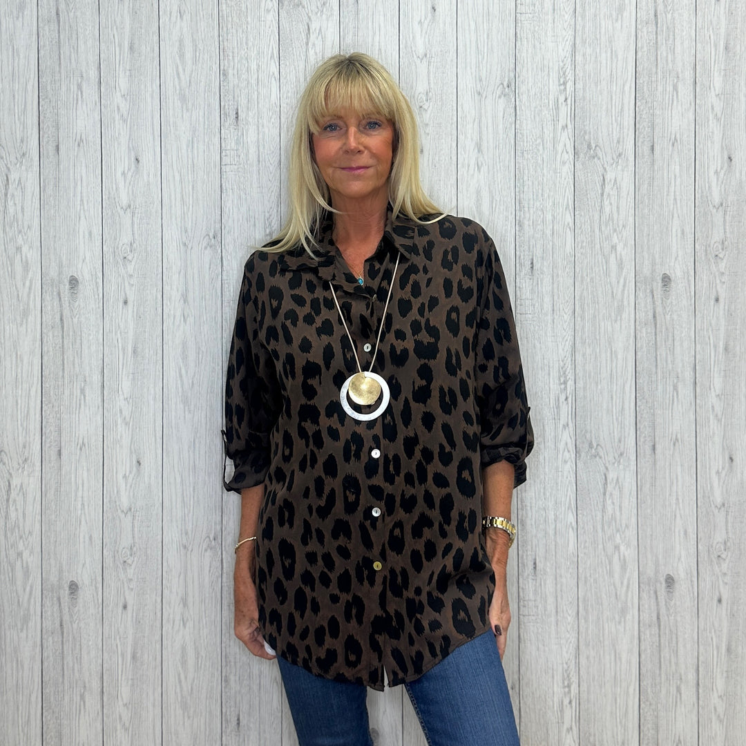 Made In Italy Annie Animal Print Full Button Shirt Chocolate Brown - Sugarplum Boutique