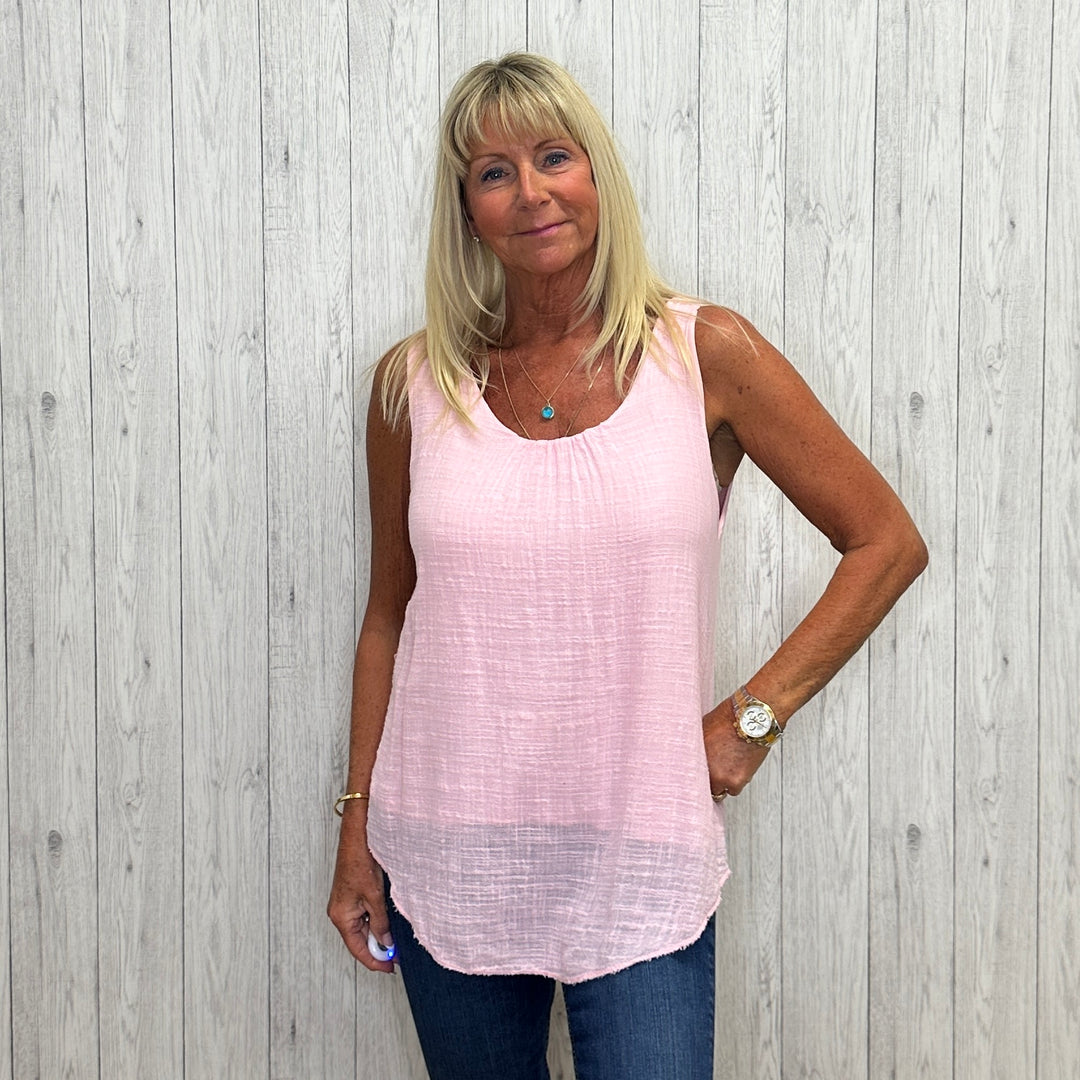 Made In Italy Caris Cotton Cheesecloth Vest Top Pink - Sugarplum Boutique