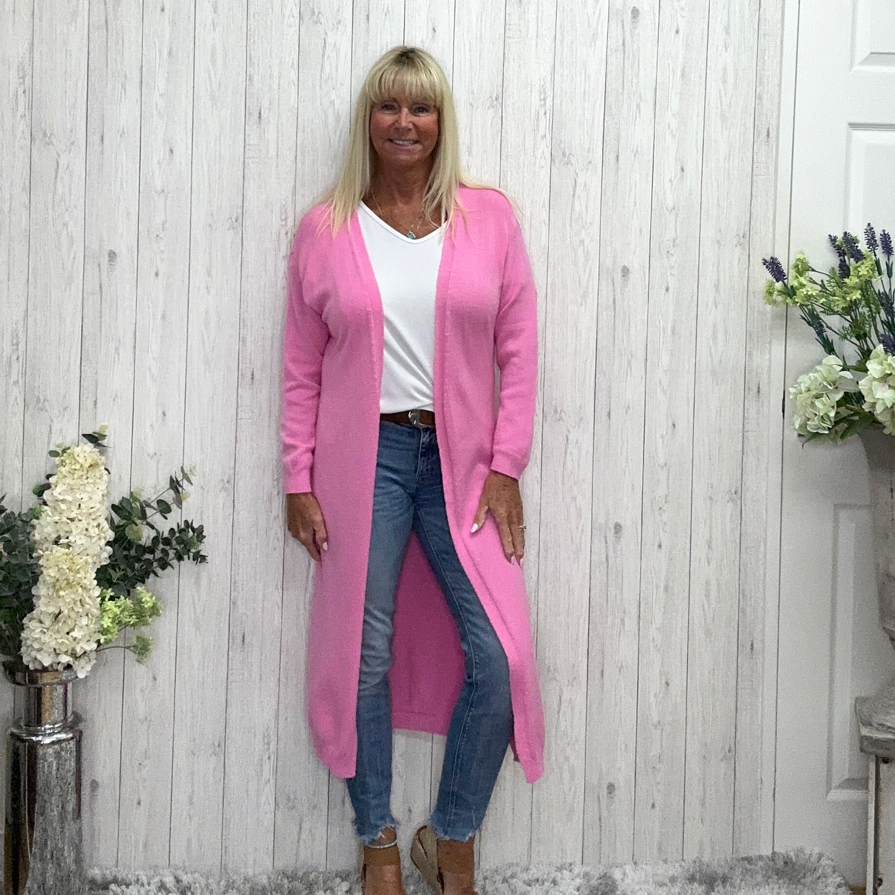 Made In Italy Giselle Long Cardigan Edge To Edge Bubblegum Pink