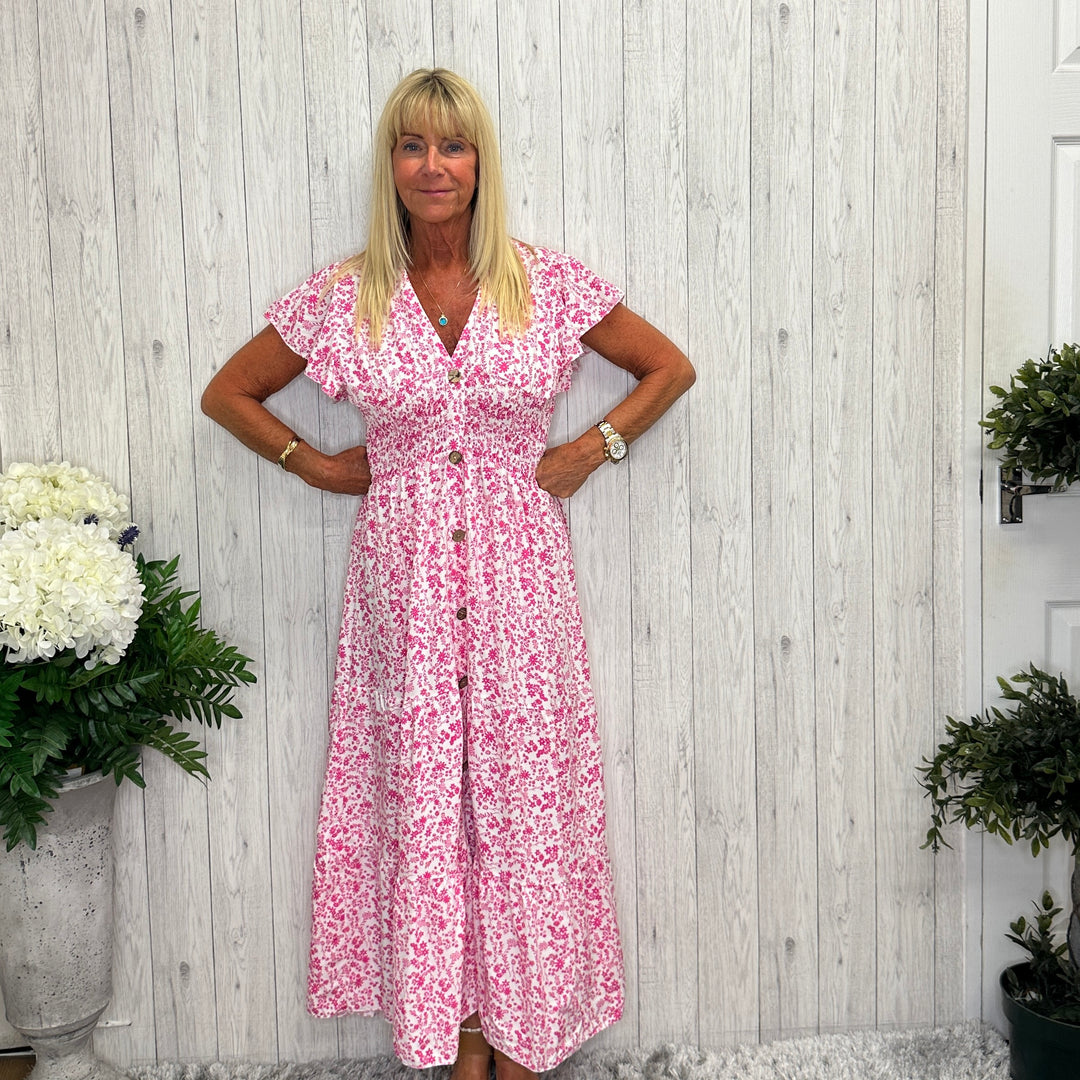 Made In Italy Jazz Full Button Pattern Maxi Dress Raspberry Pink - Sugarplum Boutique