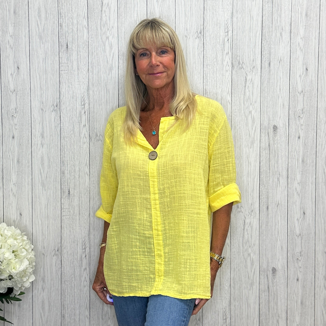Made In Italy Sasha Cotton Single Button Top Lemon Yellow - Sugarplum Boutique