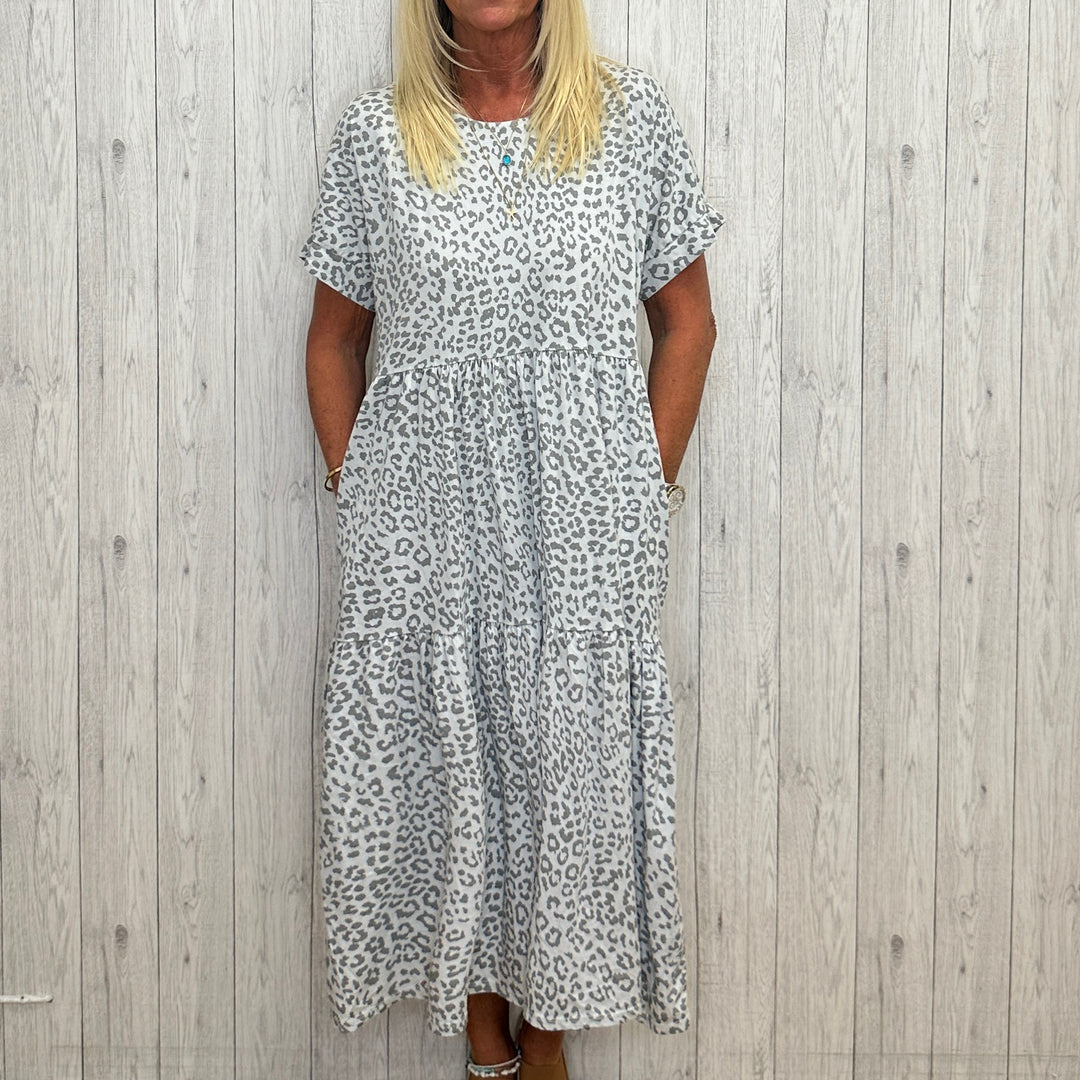 Made in Italy Scotney Animal Print Tiered Midi Dress Light Grey - Sugarplum Boutique