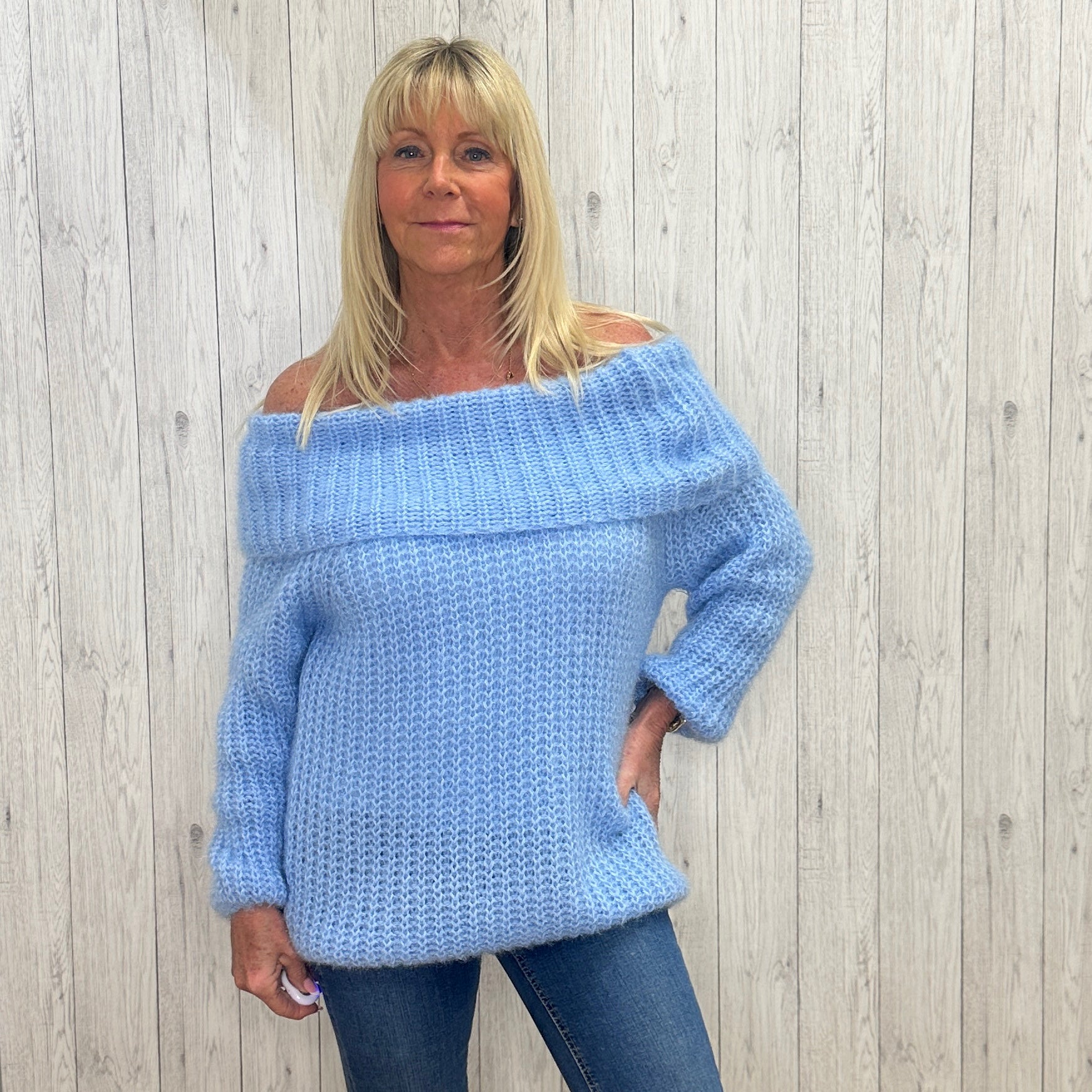 Orla Bardot Style Chunky Knit Jumper Light Blue – Sugarplum