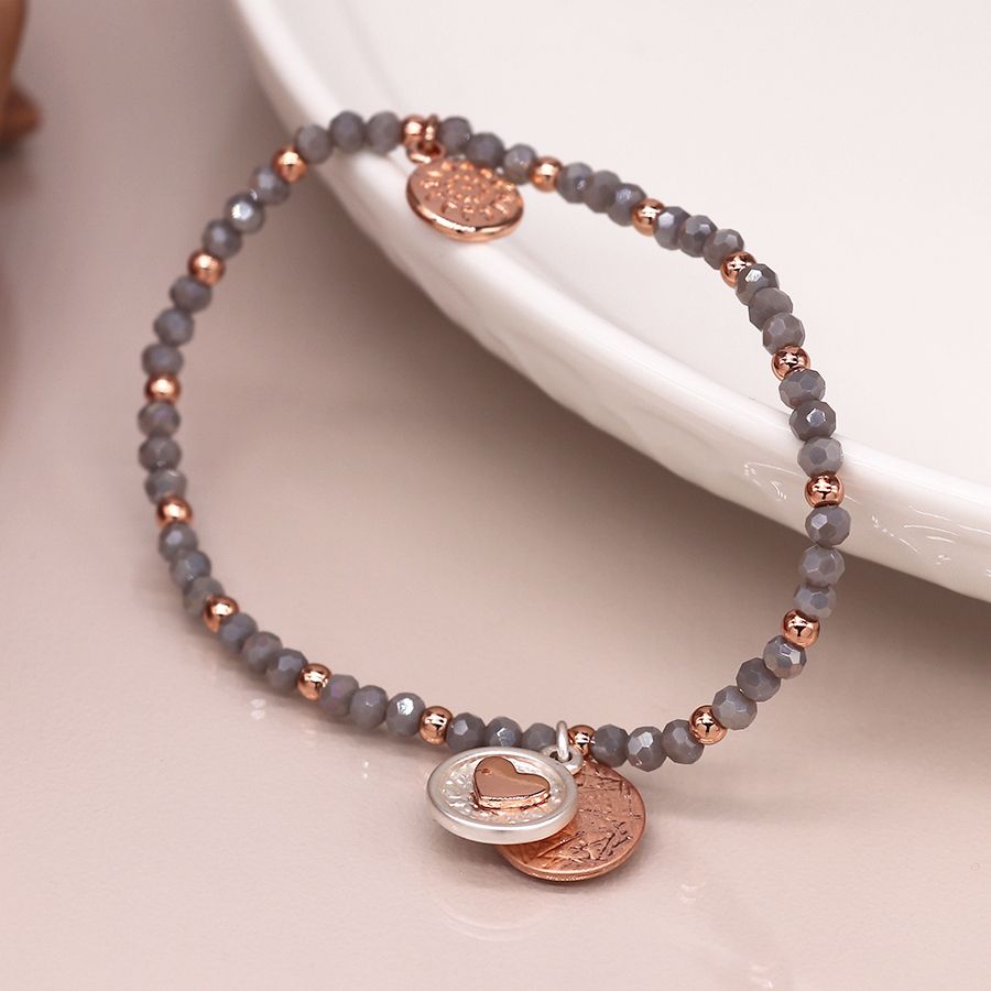 POM Crystal Bead Bracelet Silver Plated Disc Grey – Sugarplum