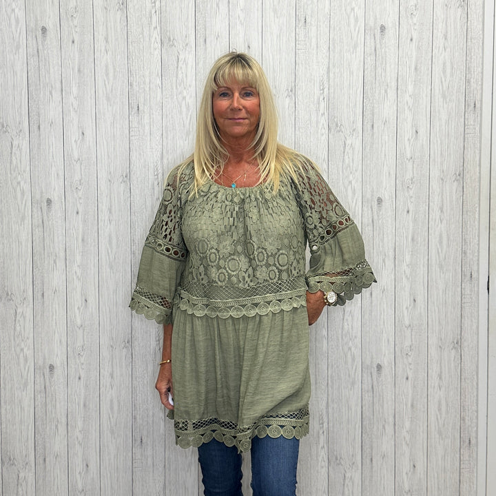 Palma Lace Crochet Trim Bardot Top Khaki Green -  Sugarplum Boutique