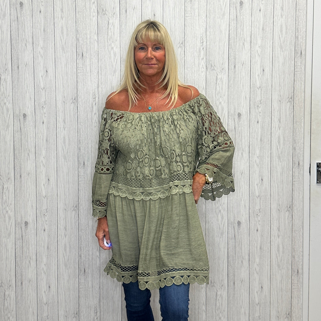 Palma Lace Crochet Trim Bardot Top Khaki Green -  Sugarplum Boutique