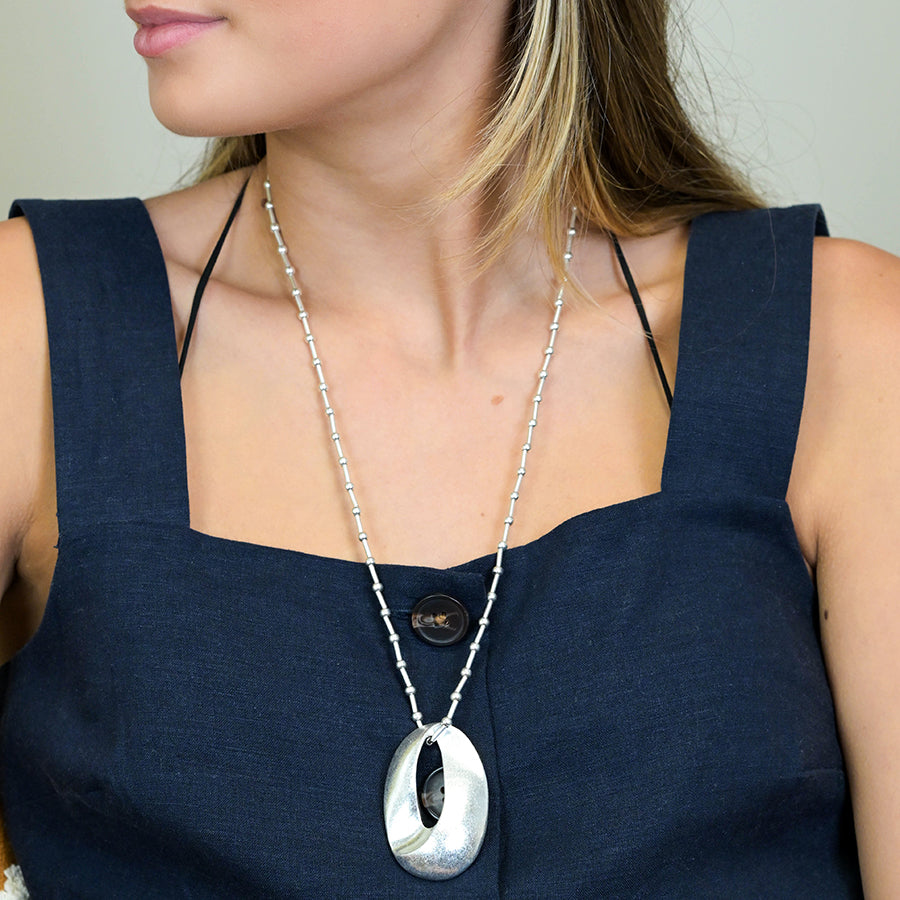 Pom Silver Plated Station And Worn Oval Necklace - Sugarplum Boutique