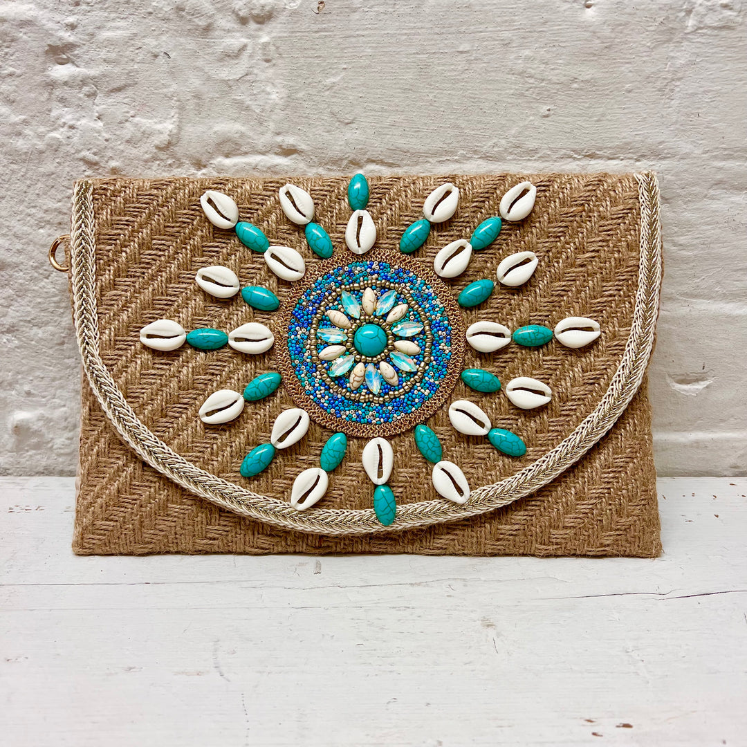 Ramona Raffia Shell Clutch Bag Stone - Sugarplum Boutique