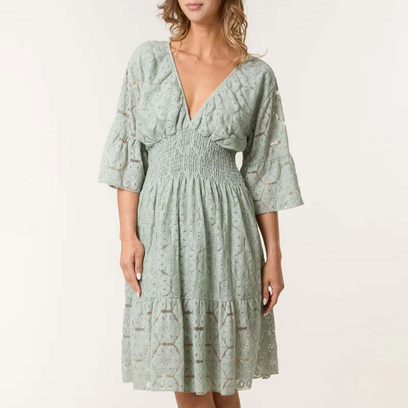 Sarah Floral Lace Shirred Bodice Cotton Dress Khaki Green - Sugarplum Boutique