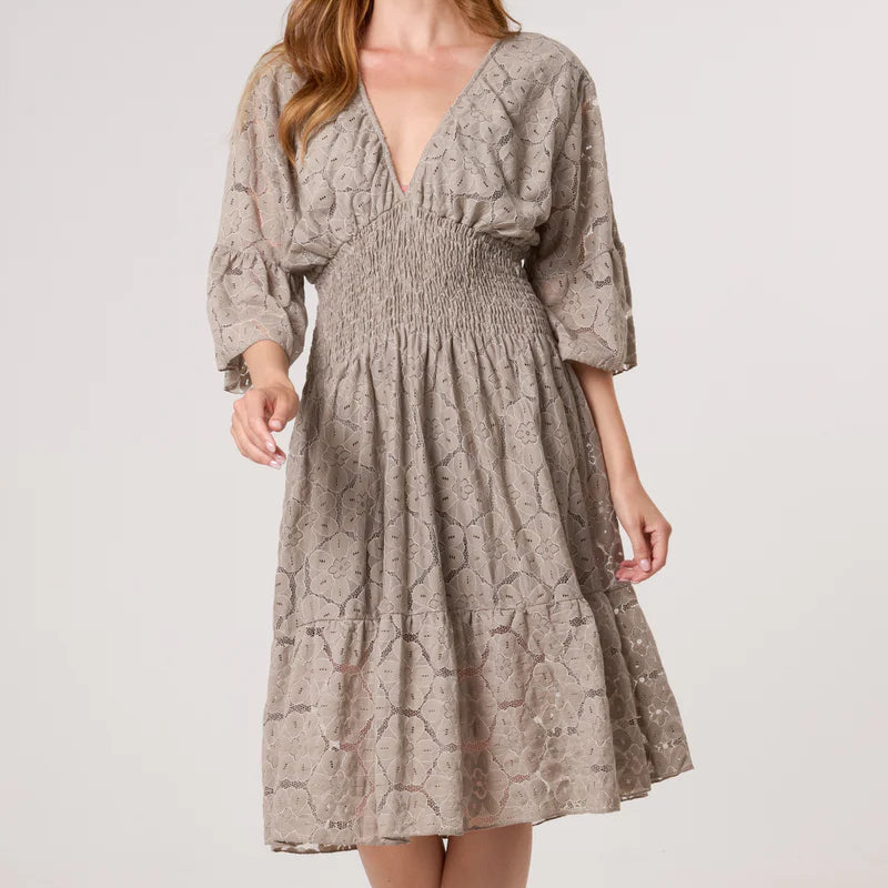 Sarah Floral Lace Shirred Bodice Cotton Dress Mocha Brown - Sugarplum Boutique