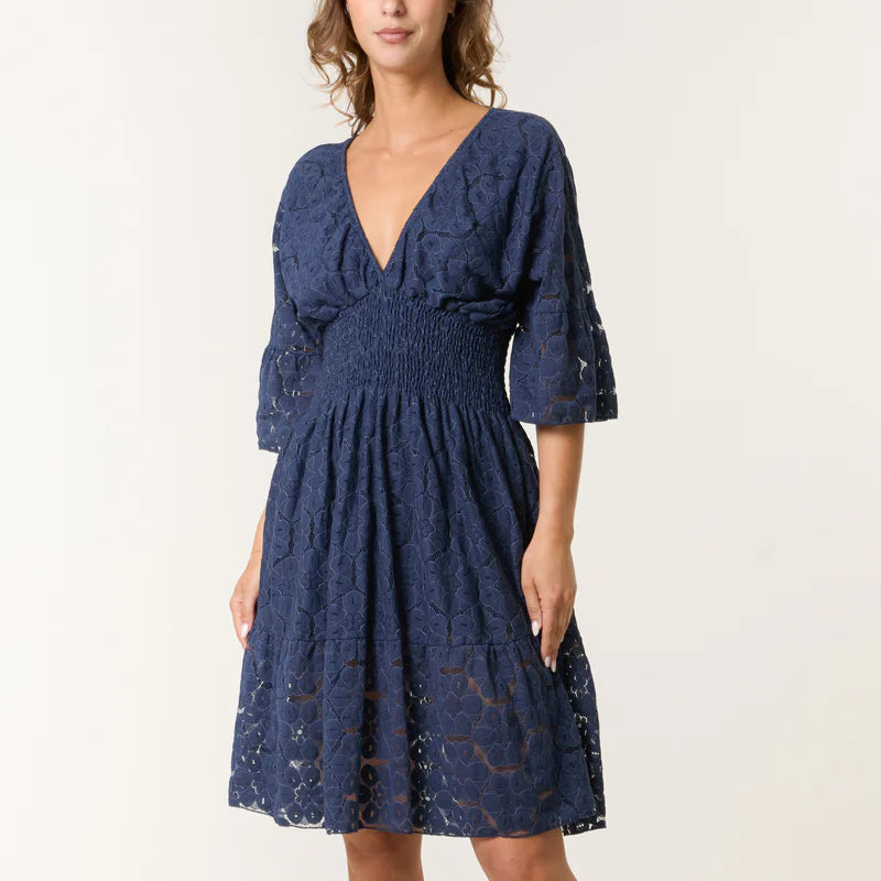 Sarah Floral Lace Shirred Bodice Cotton Dress Navy Blue - Sugarplum Boutique