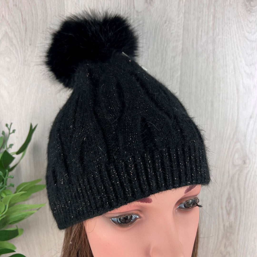 Sequin Wool Knit Bobble Hat Black - Sugarplum Boutique