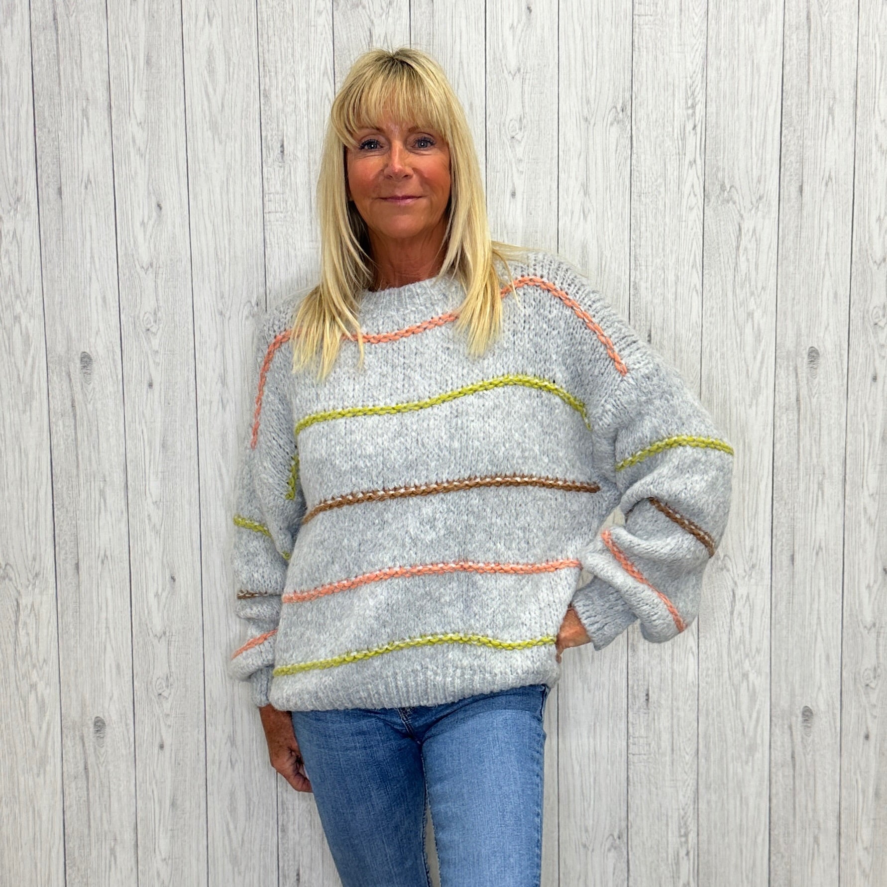 Shoreham Stripe Wool Mix Cosy Jumper Light Grey - Sugarplum Boutique