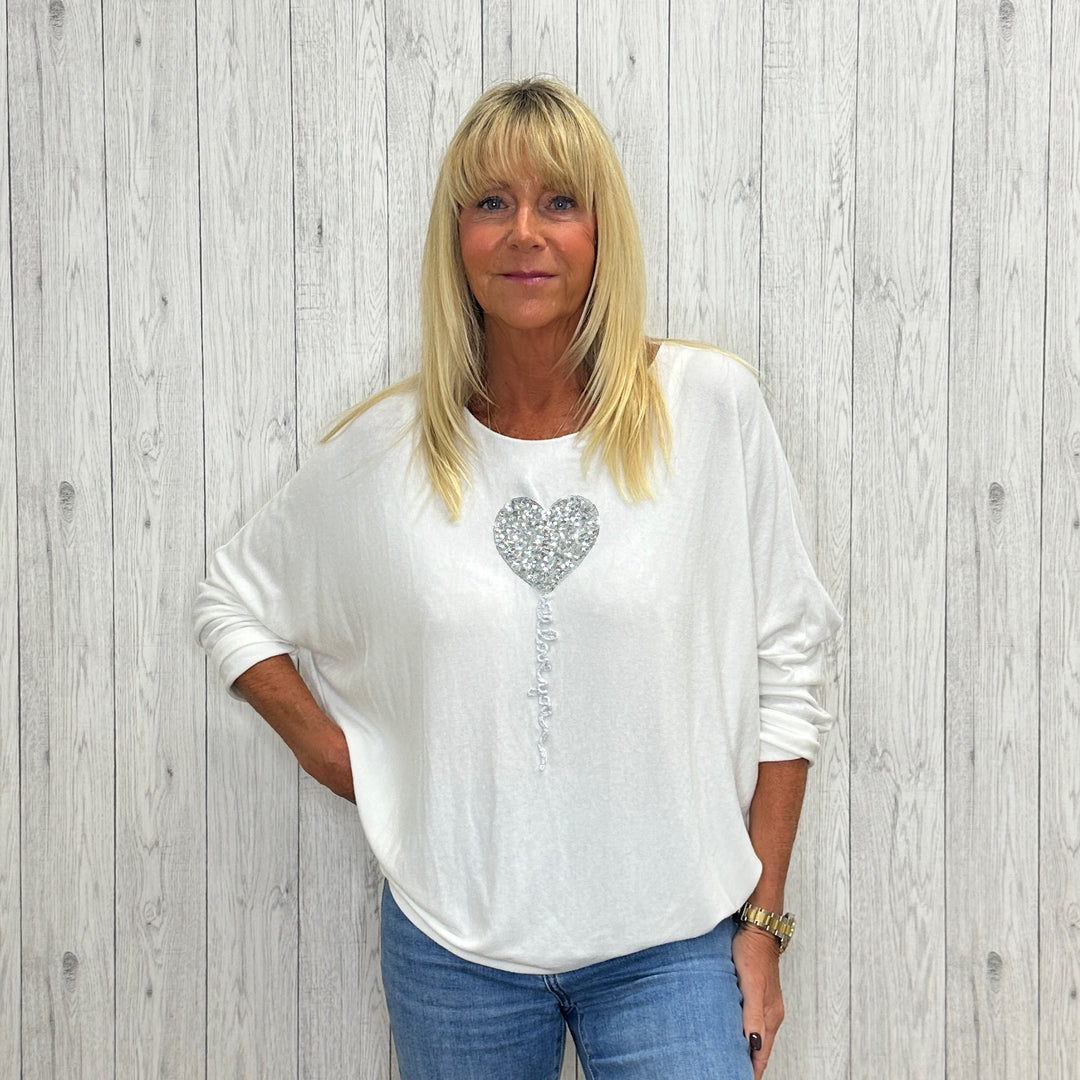 Stafford Sequin Embellished Heart Balloon Top Cream - Sugarplum Boutque