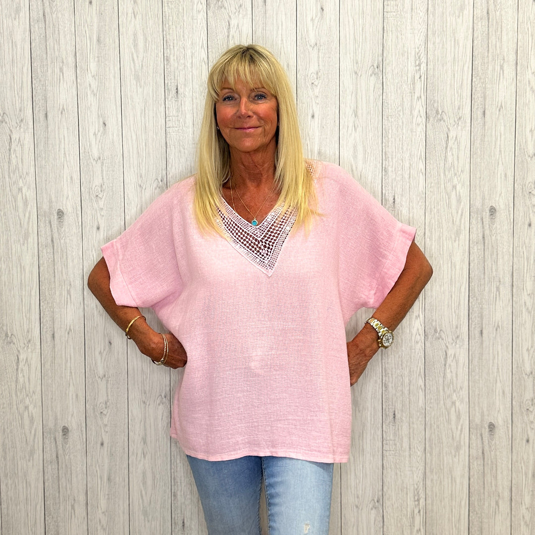 Tiffanie Linen Cotton Mix Sequin V Neck Top Light Pink - Sugarplum Boutique