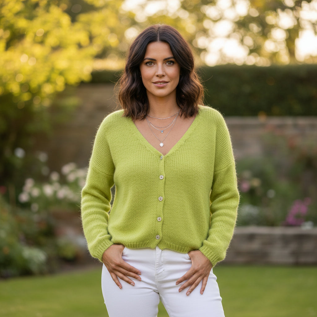 Luna lime green mohair mix cardigan at Sugarplum Boutique in Fleet