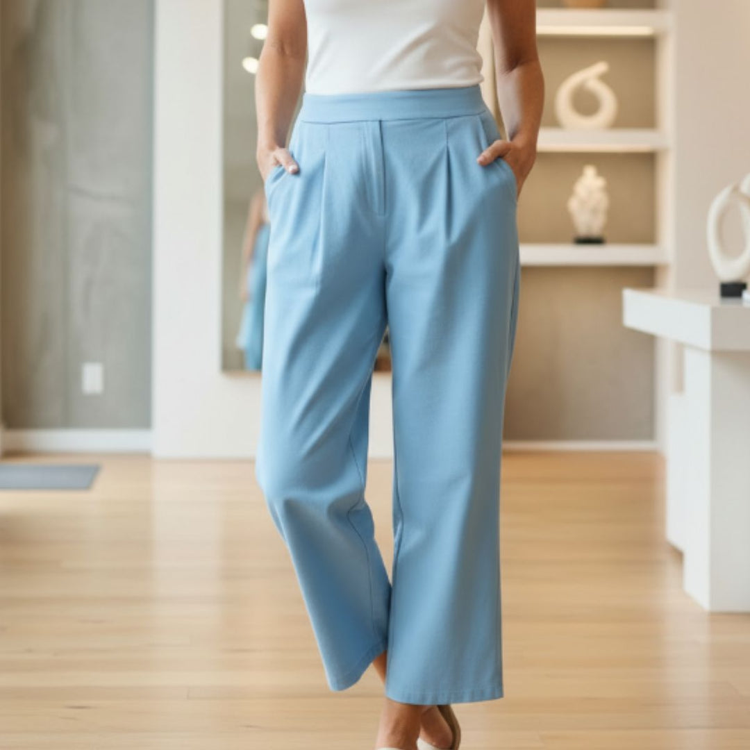 Winnie wide leg magic trousers in light blue at Sugarplum Boutique in Fleet