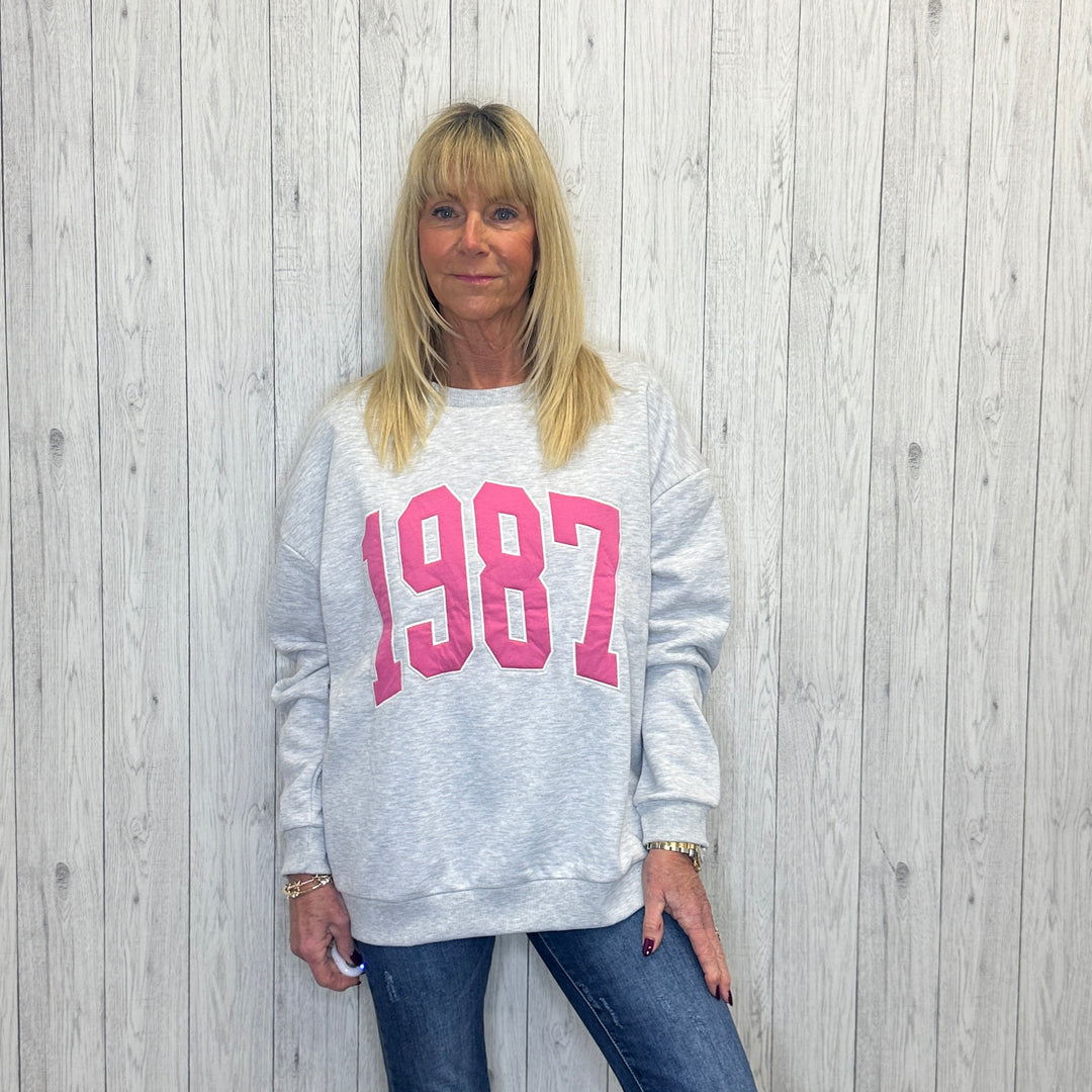 1987 Light Grey Cotton Oversize Sweatshirt - Sugarplum Boutique