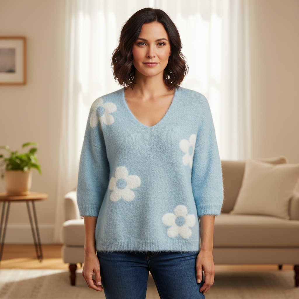 Made In Italy Flo Light Blue Wool Mix Flower Short Sleeve Jumper