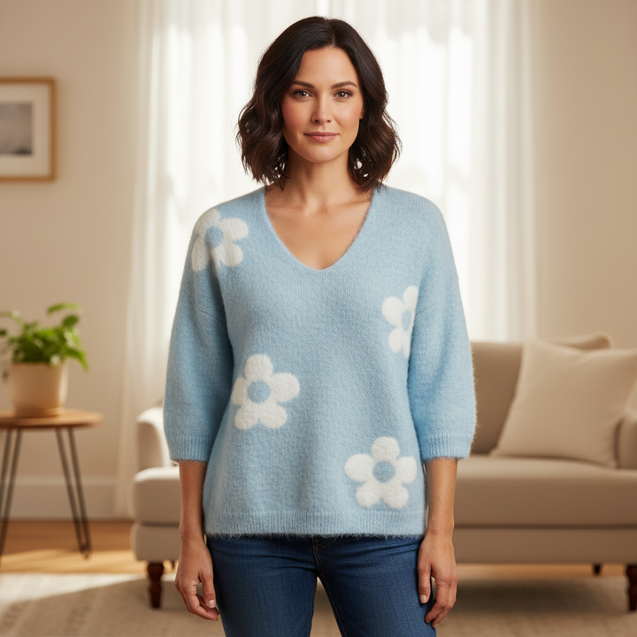 Made In Italy Flo Light Blue Wool Mix Flower Short Sleeve Jumper