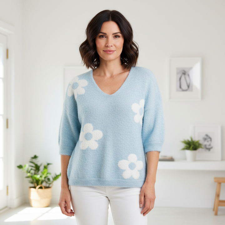 Made In Italy Flo Light Blue Wool Mix Flower Short Sleeve Jumper