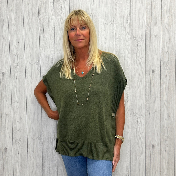 Taba Button Tabbard Split Side Top Khaki Green