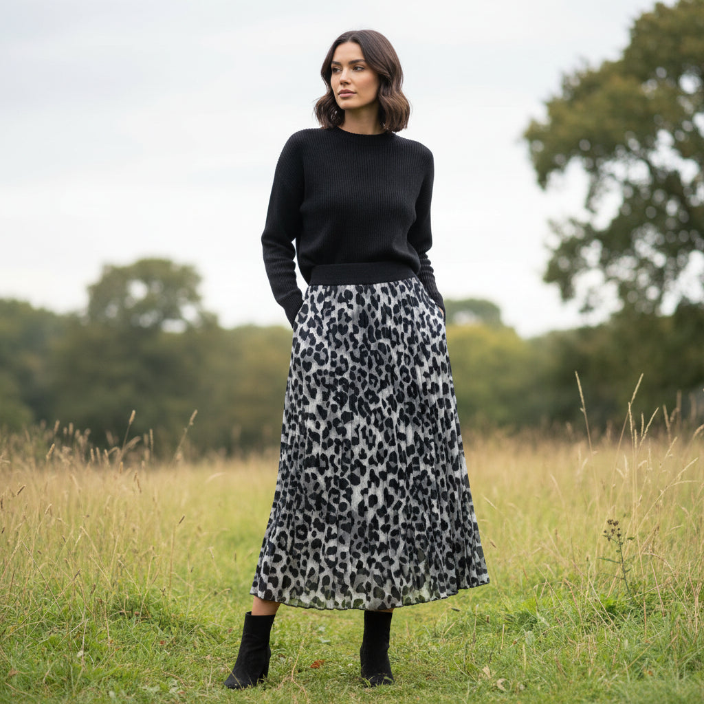 Aileen Animal Print Grey Pleated Maxi Skirt - Sugarplum Boutique
