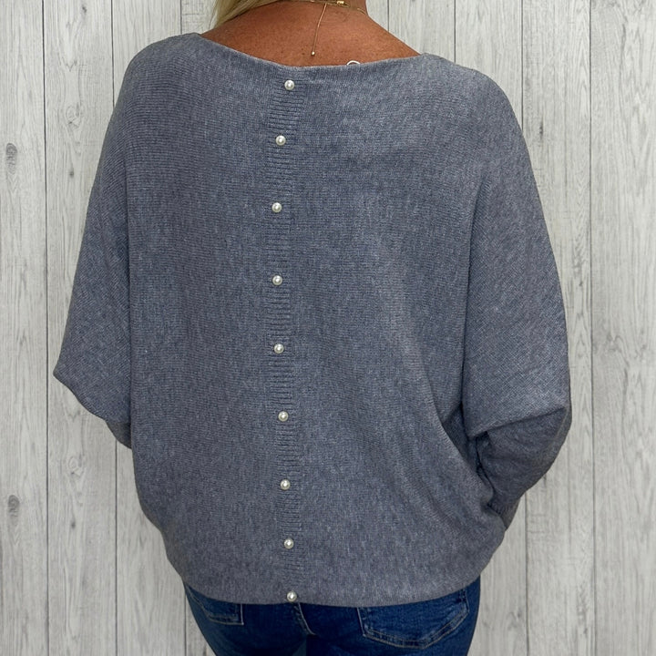 Made In Italy Polly Pearl Back Silver Grey Batwing Sleeve Jumper