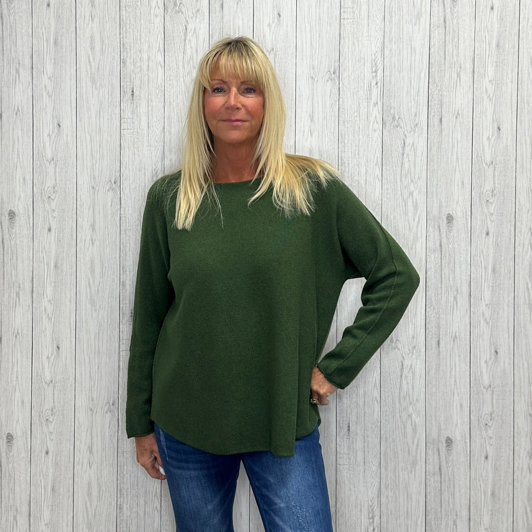 Made In Italy Rhonda Boat Neck Jumper Seamed Arm Khaki Green