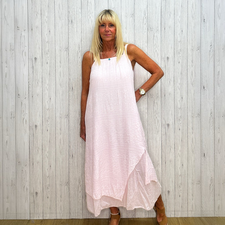 Sammy Cotton Double Layer Light Pink Aztec Midi Dress